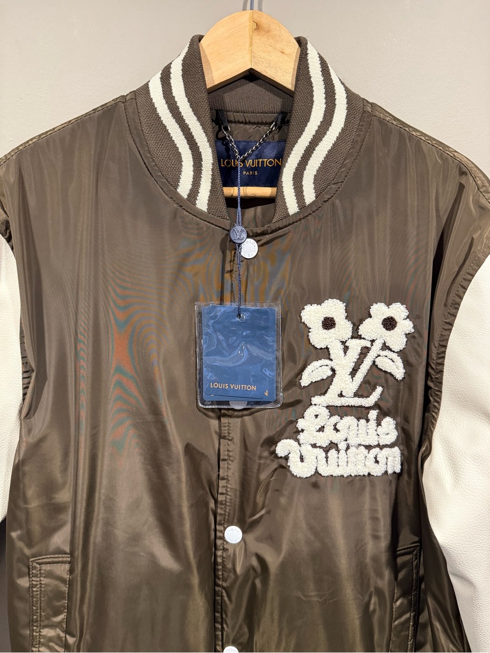 LV style designer Men's Brown and White leather Varsity Jacket - Picture 2 of 15